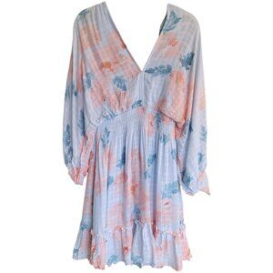 Lovestitch Aqua Floral Cold Shoulder Flowy Bohemian Mini Dress Medium Rayon NWT